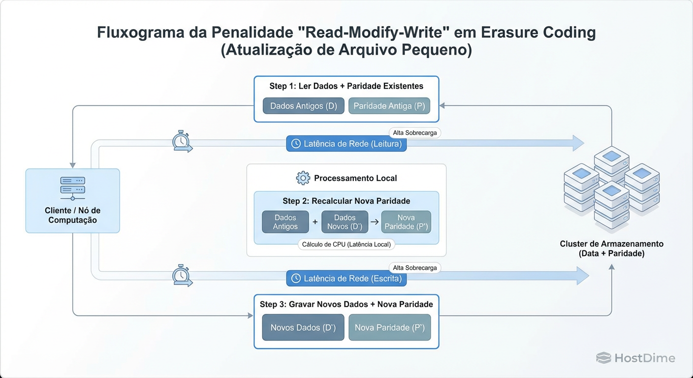 A Penalidade de Escrita Parcial: Por que pequenos updates matam a performance do Erasure Coding.