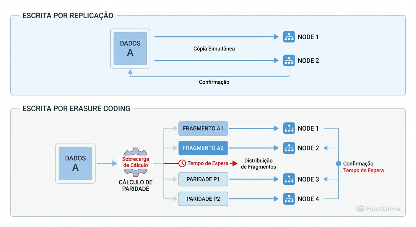 A Penalidade de Escrita: Enquanto a replicação é um espelhamento simples, o Erasure Coding exige cálculo e distribuição complexa, gerando latência.