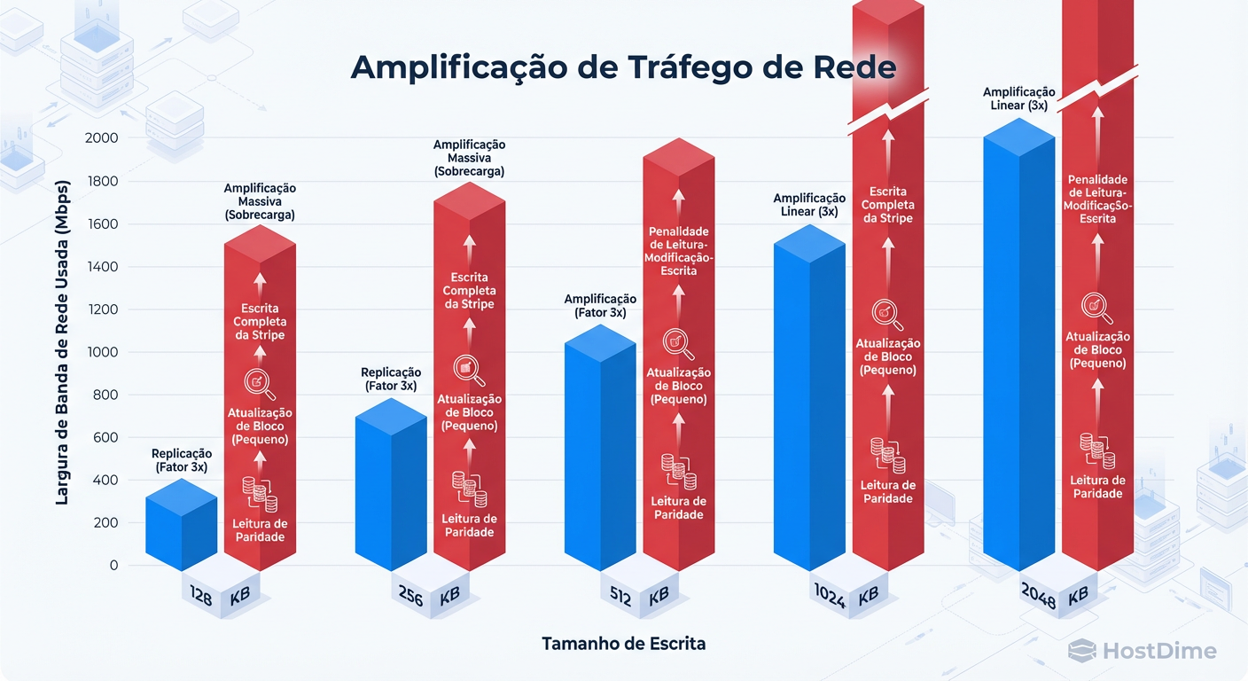 Amplificação de Tráfego: Em escritas pequenas (bancos de dados, logs), o Erasure Coding pode gerar tráfego de rede muito superior ao tamanho do dado original.