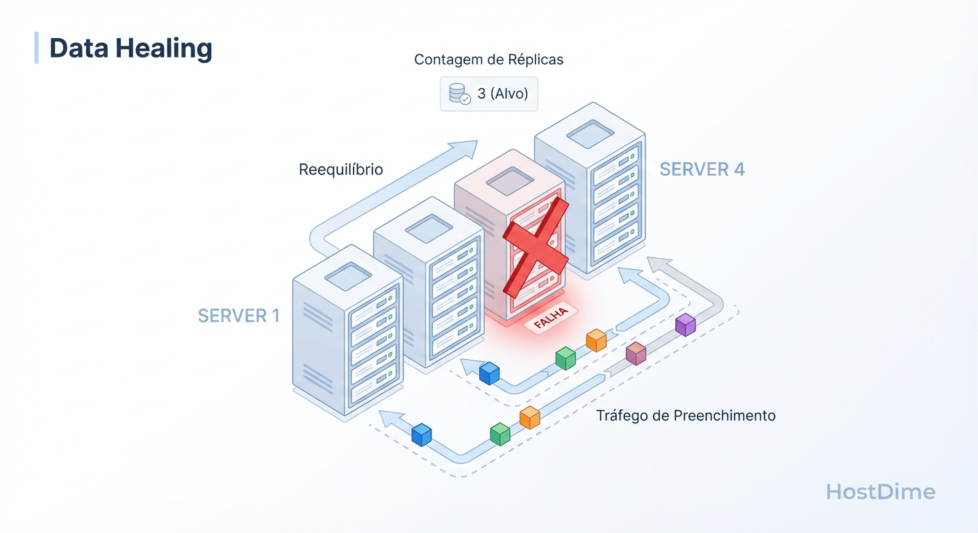 Autocura vs. Rebuild: Como o cluster reage à falha de um nó movendo dados pela rede, ao contrário do rebuild estático de um RAID.