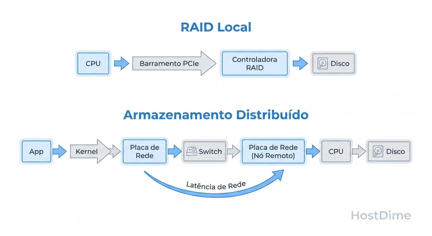 O Caminho do I/O: Comparativo visual entre a rota direta do RAID Local e os múltiplos 'hops' do Storage Distribuído.