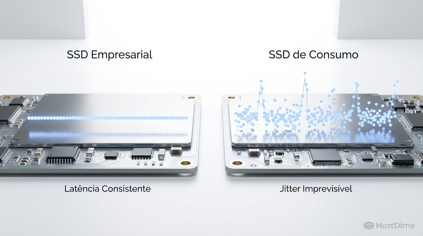 Comparação visual de gráficos de dispersão (scatter plots): à esquerda, um SSD Enterprise com latência consistente; à direita, um SSD de consumo apresentando alta variabilidade e picos de latência sob carga.