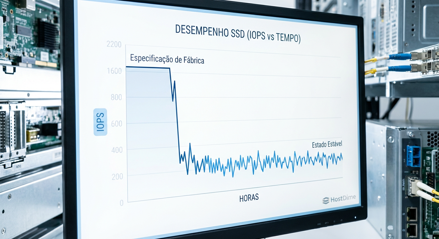Gráfico ilustrando a queda dramática de performance (IOPS) desde o estado novo (FOB) até o estado estacionário, onde o Garbage Collection atua continuamente.
