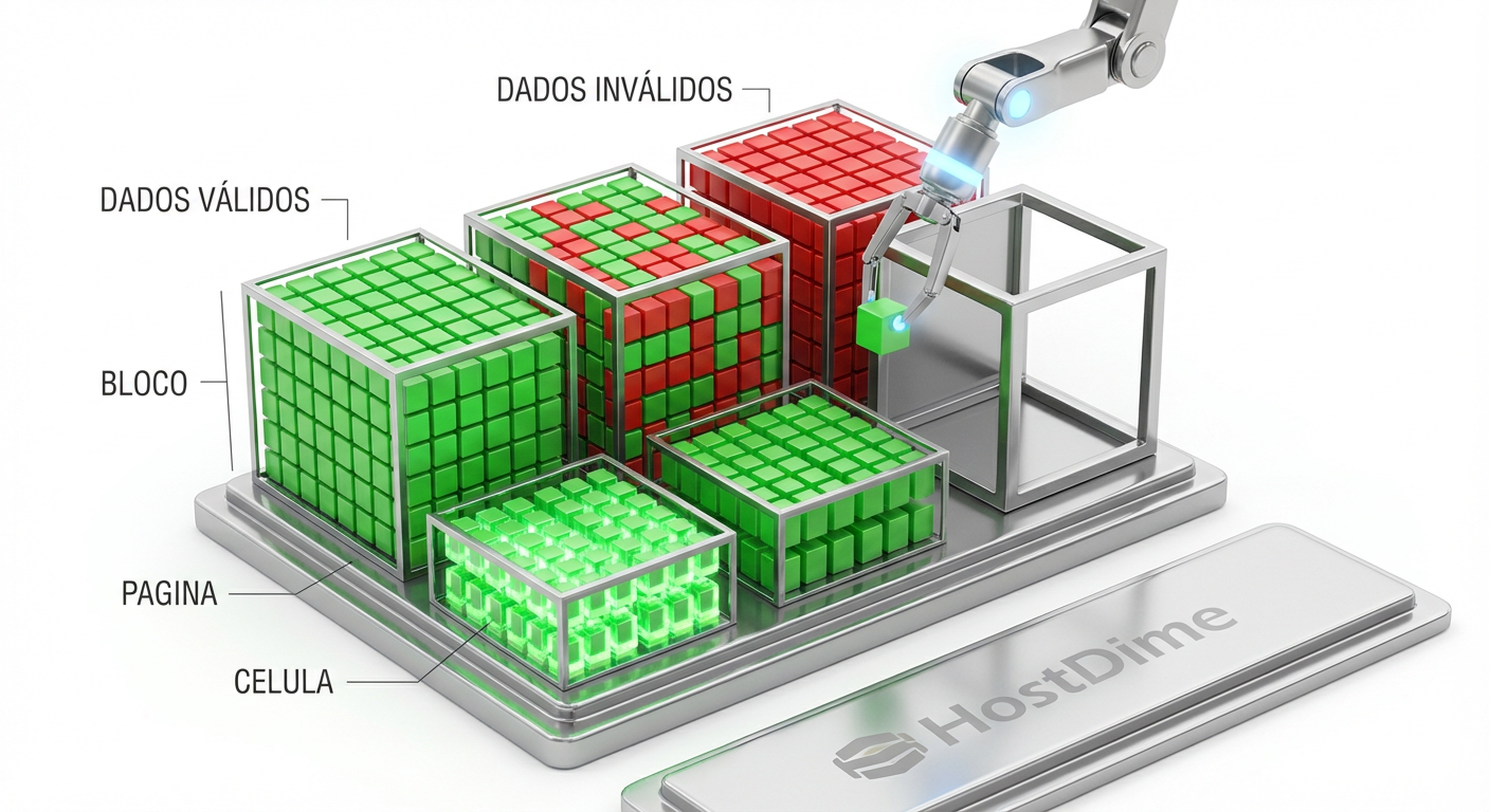 Representação esquemática da estrutura de blocos e páginas na memória NAND, ilustrando o processo de movimentação de dados válidos durante o Garbage Collection.