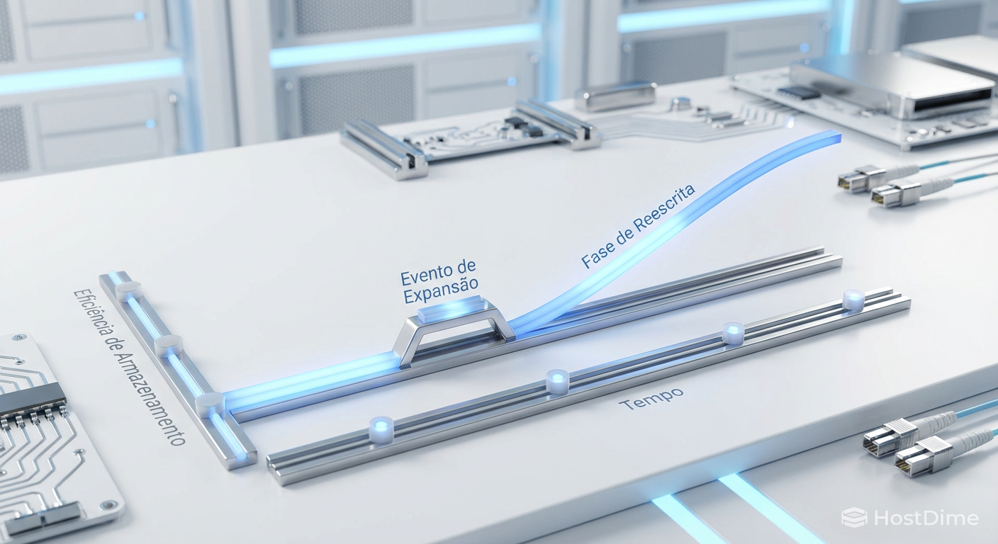 Gráfico de eficiência temporal: o ganho real de capacidade ocorre durante a fase de reescrita, não no momento da expansão.