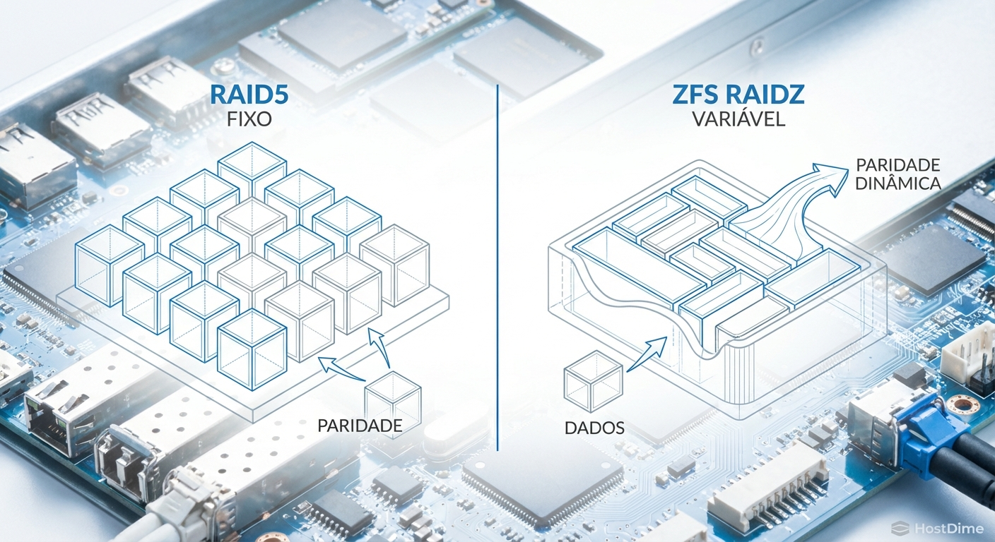 Comparativo visual: A rigidez do stripe fixo tradicional versus a alocação dinâmica de largura variável do ZFS.
