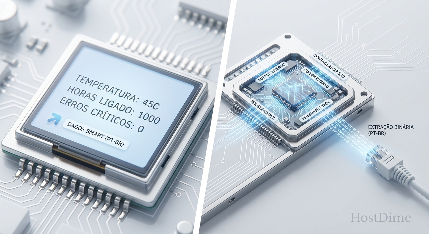 Comparativo visual: O SMART oferece métricas superficiais, enquanto a Telemetria extrai o estado interno profundo do controlador e buffers de memória.