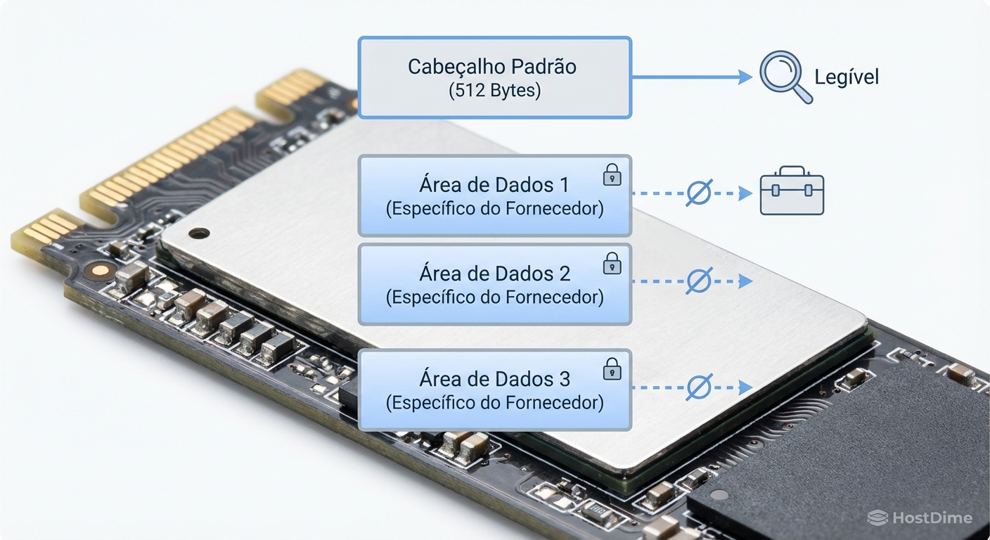 Estrutura do arquivo de log: O cabeçalho é padronizado e legível, mas as Áreas de Dados 1, 2 e 3 contêm informações proprietárias do fabricante.