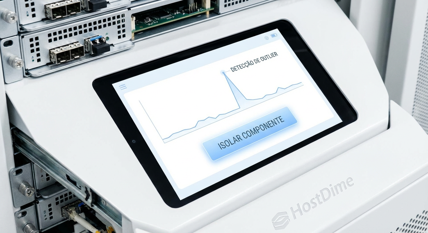 Interface de resposta a incidentes mostrando a detecção de um outlier de latência e a opção de isolamento imediato do componente degradado.
