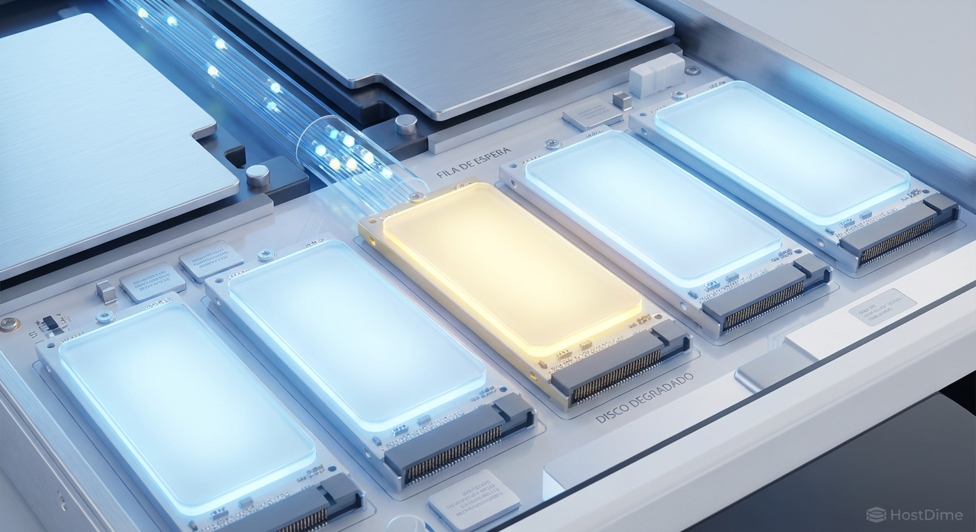 Visualização do bloqueio de fila: como um único disco degradado (em amarelo) ociosa os discos saudáveis e cria uma fila de espera, elevando a latência global do sistema.