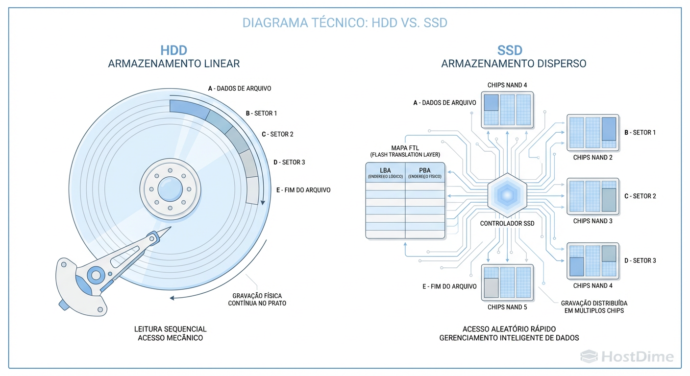 O Labirinto da FTL: Enquanto HDDs gravam linearmente, SSDs fragmentam intencionalmente os dados para nivelar o desgaste, tornando a recuperação crua (raw recovery) impossível sem o mapa.