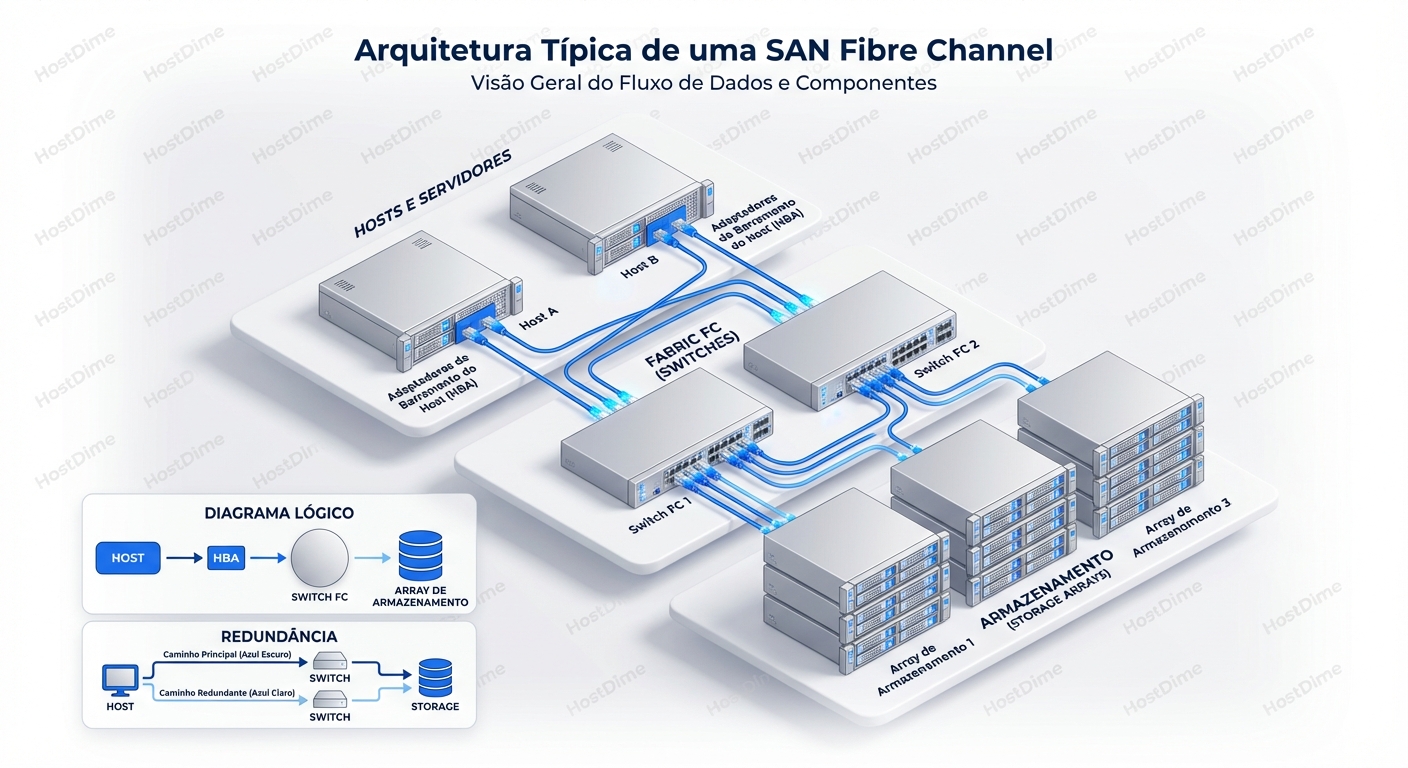 Arquitetura típica de uma SAN Fibre Channel.