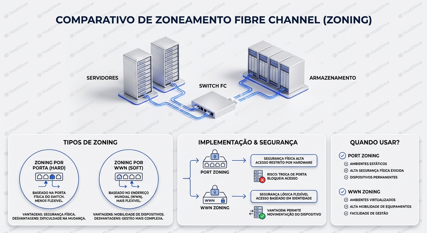 Comparativo entre os diferentes tipos de zoning em Fibre Channel.