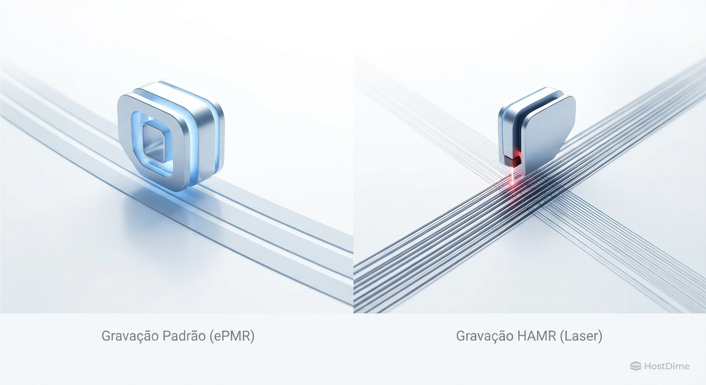 Fig. 1: A física da densidade. O HAMR (direita) usa calor para reduzir a coercividade do prato, permitindo trilhas de dados significativamente mais estreitas que o padrão atual.