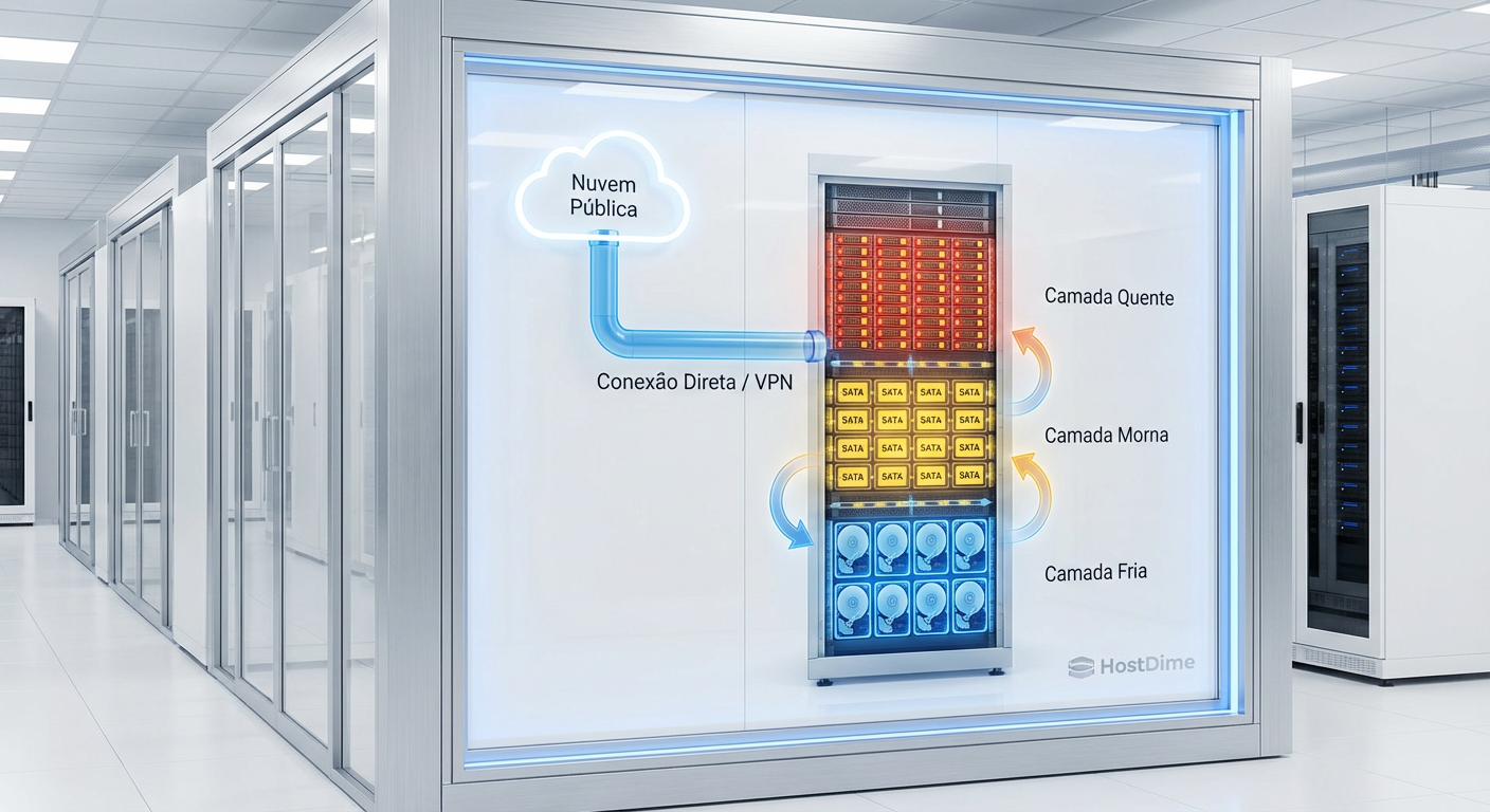 Diagrama de arquitetura de armazenamento em camadas (Tiering) mostrando o fluxo de dados da nuvem para um Data Center local com divisões em Hot (NVMe), Warm (SSD) e Cold (HDD).