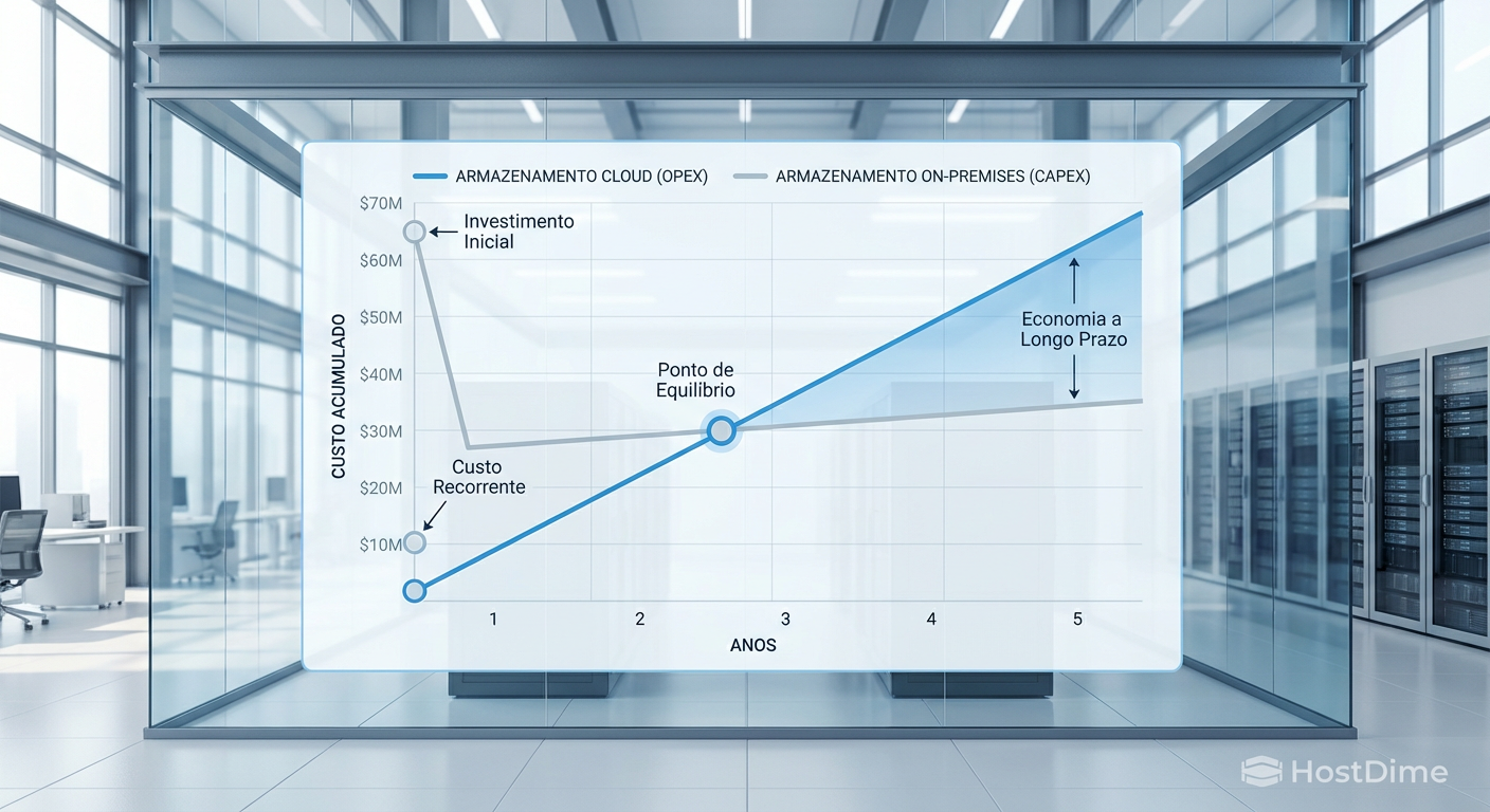 Gráfico de análise de Breakeven comparando o custo acumulado de armazenamento em Nuvem (OPEX) versus Infraestrutura Própria (CAPEX) ao longo de 5 anos.