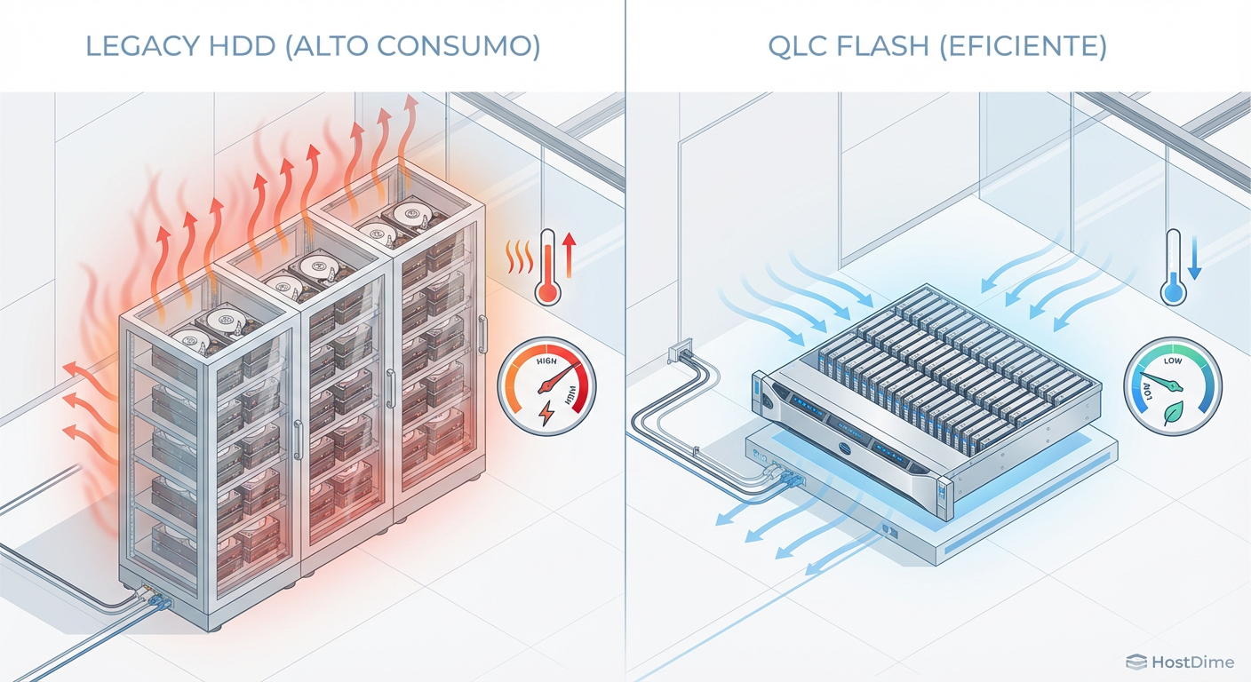 Comparação visual de densidade: Múltiplos racks de HDD gerando calor versus um array compacto de Flash QLC com a mesma capacidade.
