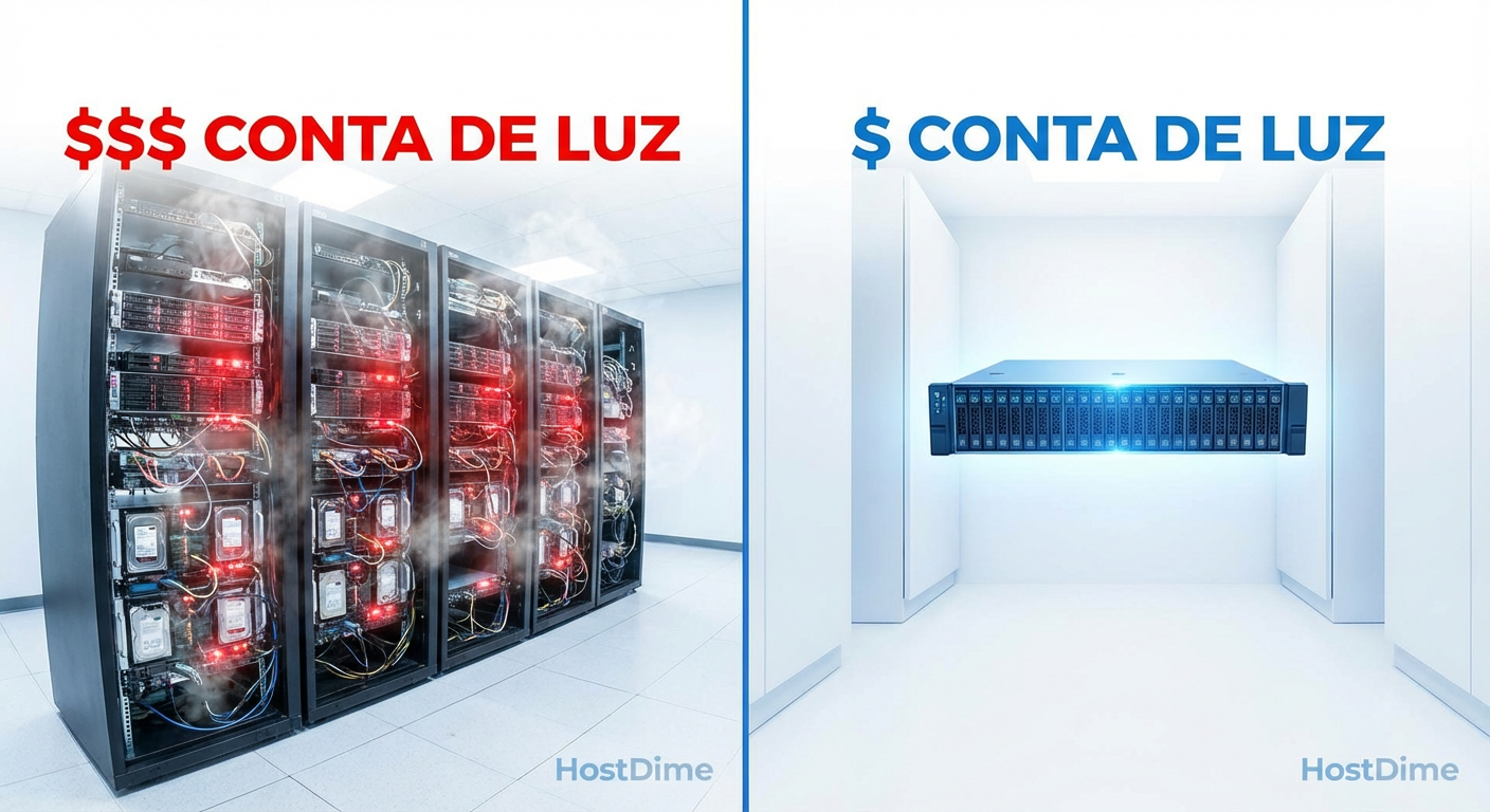 Comparativo visual de consolidação: Múltiplos racks de HDD versus um único chassi de Flash QLC, destacando a redução de pegada física e térmica.