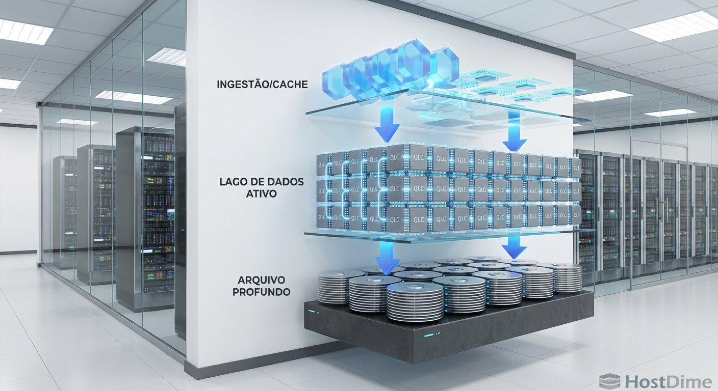 Diagrama de arquitetura de tiering moderno: Cache de alta velocidade no topo, um grande lago de dados QLC no meio e uma fundação de arquivo profundo em HDD.