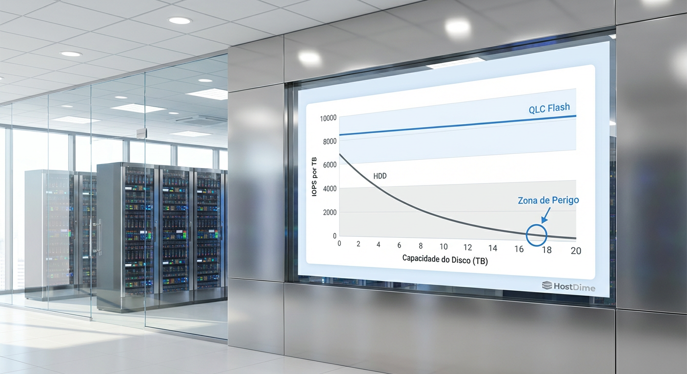 Gráfico de desempenho mostrando o declínio crítico de IOPS por TB em discos mecânicos conforme a capacidade aumenta, comparado à estabilidade do Flash.