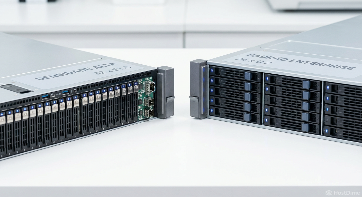 Densidade Extrema: 32 drives E1.S em 1U vs 24 drives U.2 em 2U.