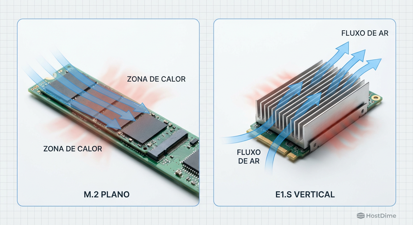 Simulação de fluxo de ar (CFD): A estagnação térmica no M.2 horizontal vs a eficiência aerodinâmica do E1.S vertical.