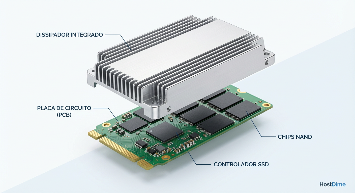 Vista explodida de um SSD E1.S: O silício é apenas metade do produto; a engenharia térmica do case é vital.