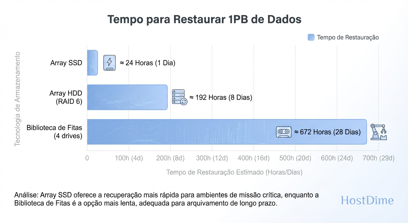 O Custo do Tempo: Enquanto a fita vence em $/TB, a física do acesso sequencial impõe um teto severo no RTO (Recovery Time Objective) para grandes volumes.