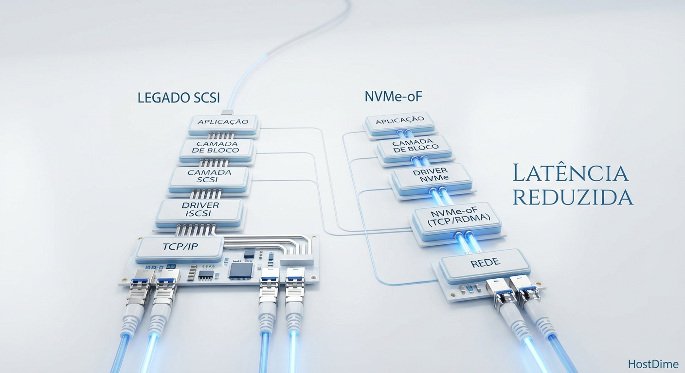 Comparação da pilha de I/O: A simplicidade do NVMe-oF versus a profundidade da pilha SCSI tradicional.