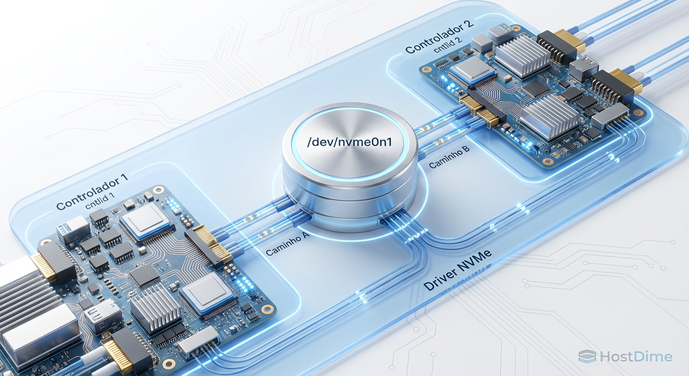 Topologia do Multipath Nativo: Múltiplos controladores agregados em um único namespace pelo driver.