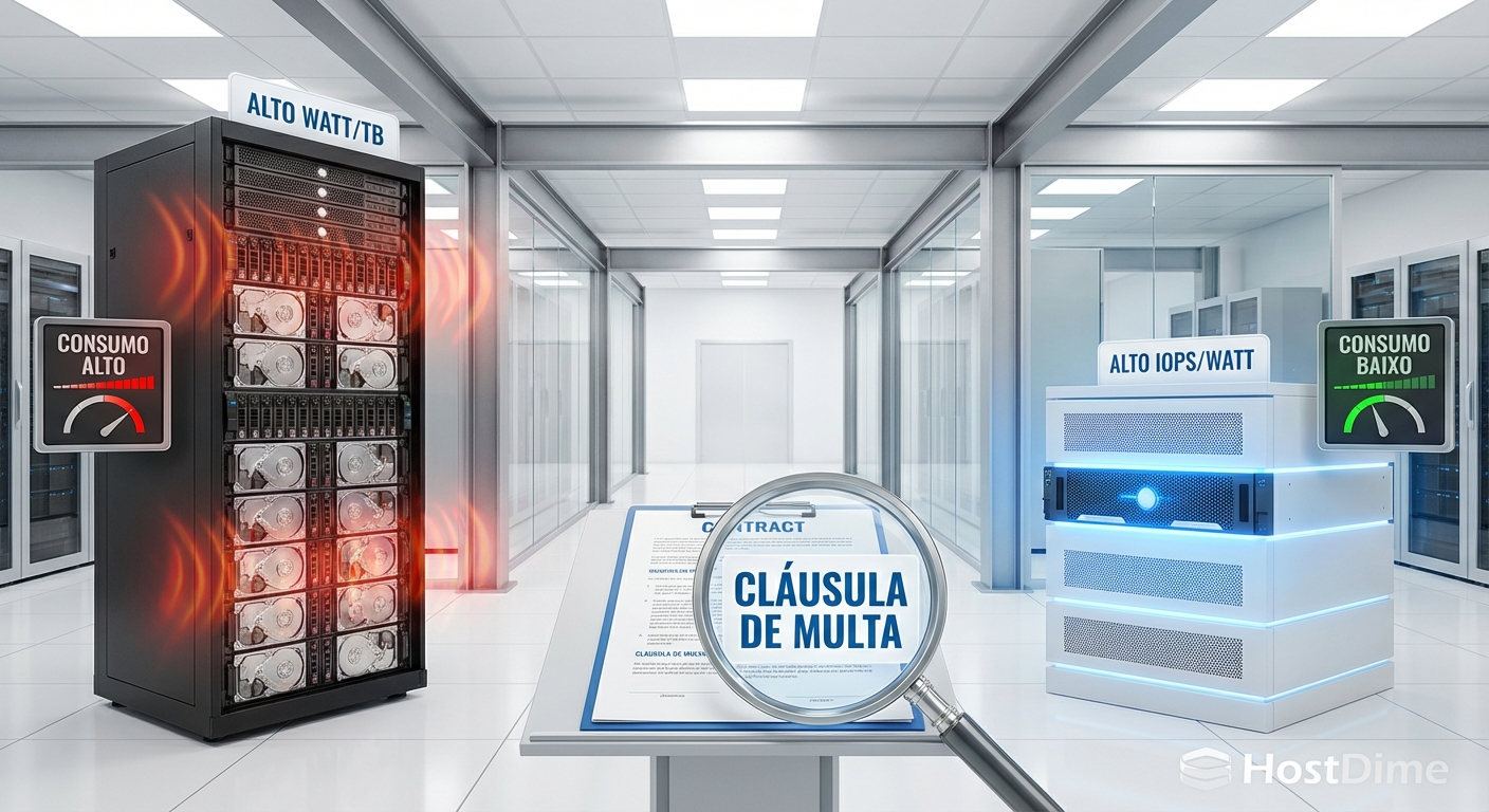 Comparativo visual entre a ineficiência energética de racks de HDDs legados versus a densidade e eficiência de arrays All-Flash modernos, sob a ótica de uma cláusula contratual de penalidade.