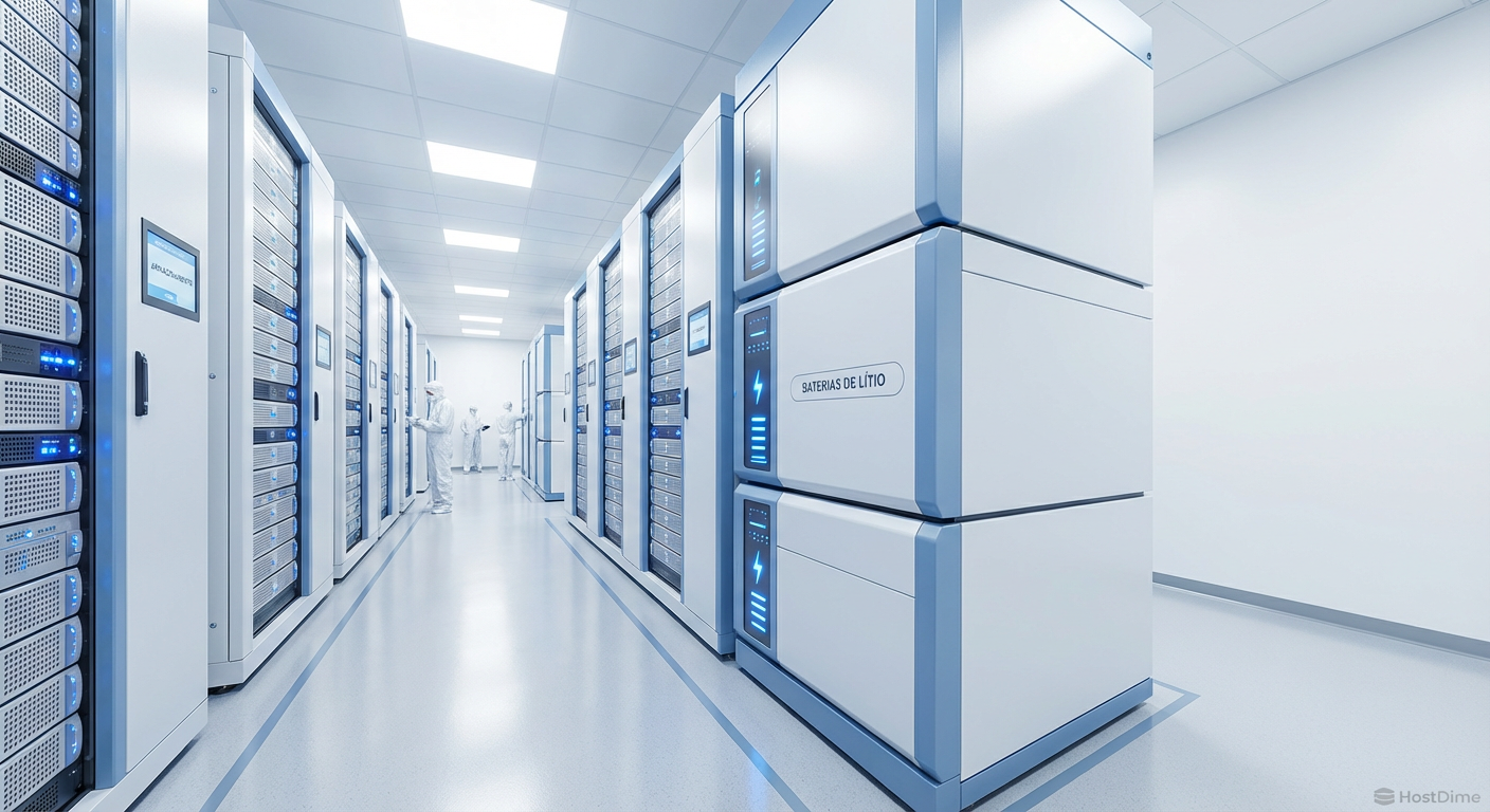 Corredor de Data Center Hyperscale futurista mostrando imensos bancos de baterias industriais integrados ao lado dos arrays de storage, enfatizando a infraestrutura de energia.