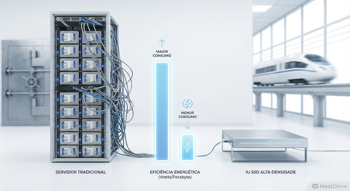 Comparativo de consolidação de rack: A densidade dos SSDs de 61TB permite substituir fileiras inteiras de armazenamento legado por poucas unidades de rack.