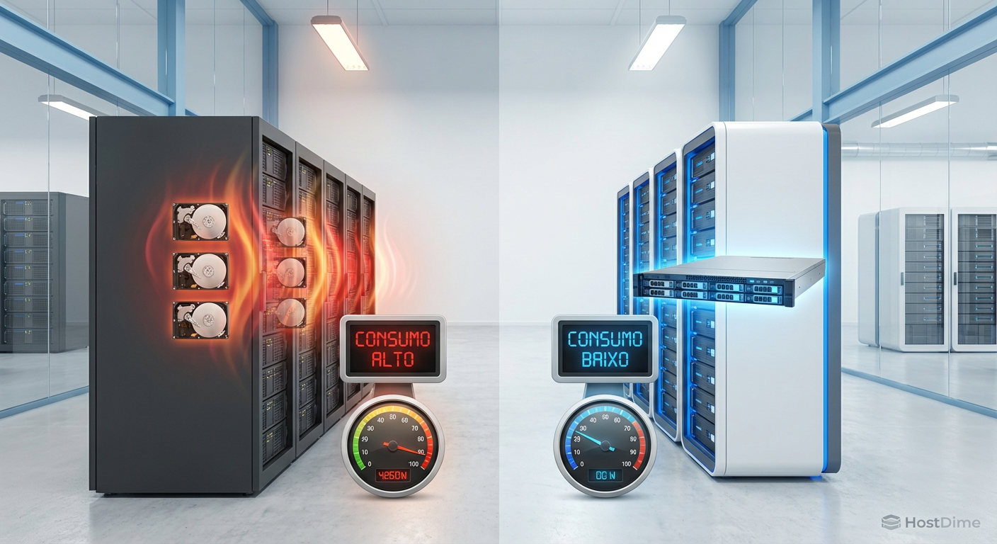 Comparativo visual de eficiência: Racks múltiplos de HDDs gerando calor e alto consumo versus um único servidor de alta densidade com SSDs QLC economizando espaço e energia.