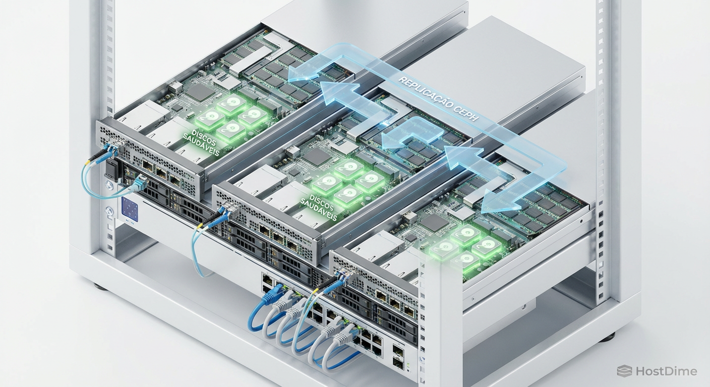 Arquitetura lógica de um cluster de 3 nós: os dados são replicados via rede, eliminando o ponto único de falha.
