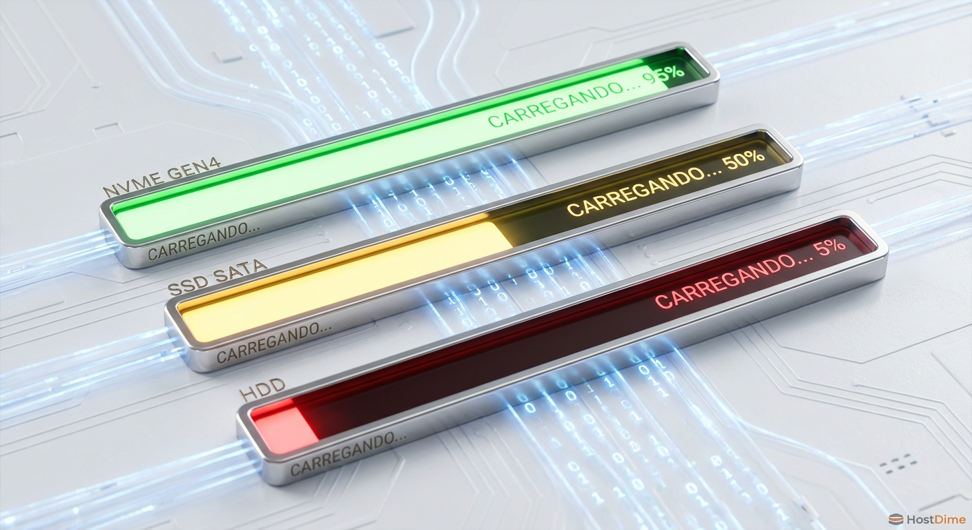 Comparação visual do tempo de carregamento de modelos: NVMe vs SATA vs HDD.
