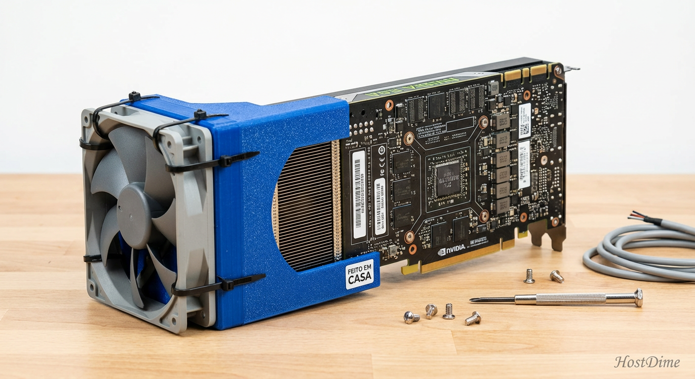 Uma Nvidia Tesla P40 com um adaptador de ventoinha impresso em 3D e preso com abraçadeiras: a solução clássica do home lab.