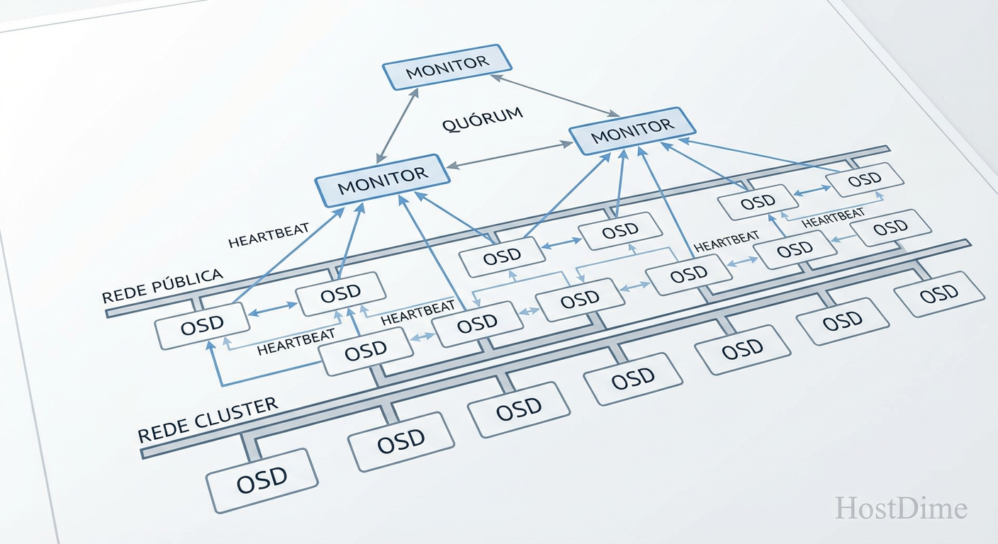 Arquitetura de alto nível: Monitores garantem o consenso enquanto OSDs gerenciam os dados.