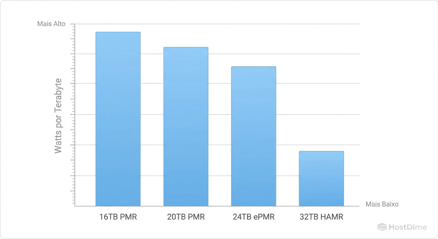 A métrica que importa para o CFO: O consumo de energia por Terabyte cai drasticamente com o aumento da densidade.