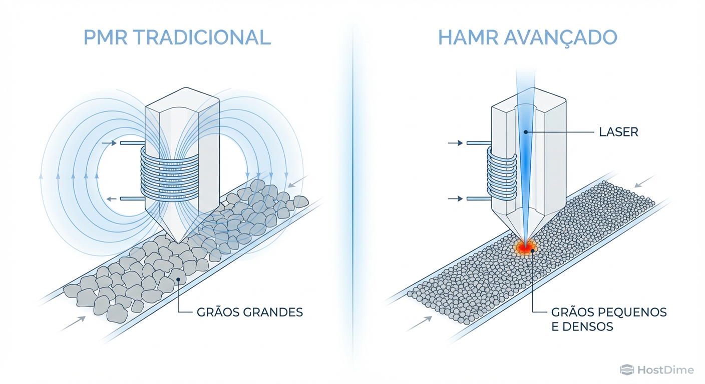 Comparação do processo de escrita: O campo magnético puro do PMR vs. a assistência térmica do HAMR.
