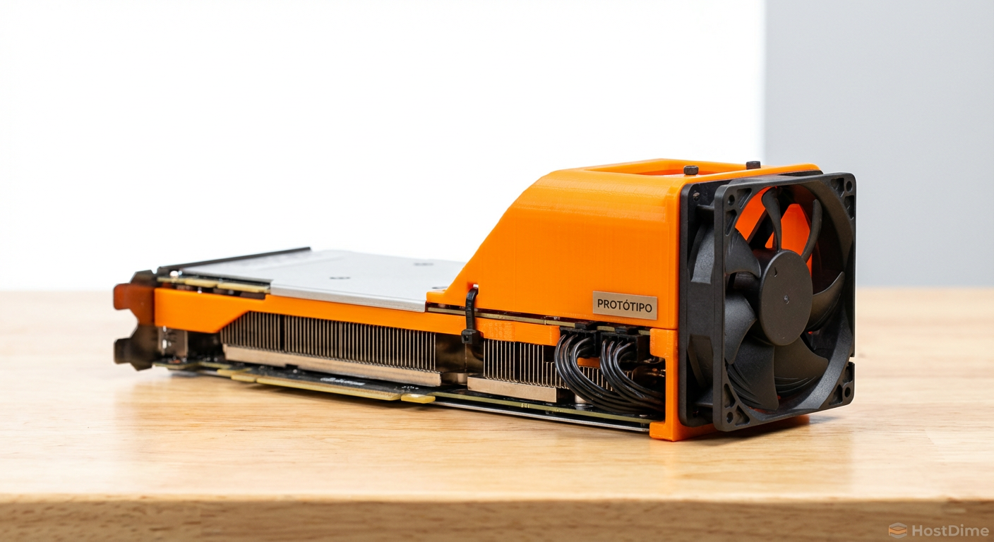 Adaptador impresso em 3D laranja acoplado a uma placa de vídeo de servidor prateada com uma ventoinha preta presa na ponta