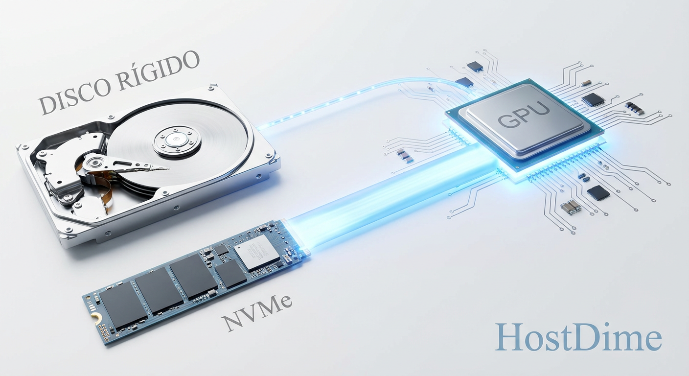 Diagrama comparativo mostrando o fluxo de dados lento de um HDD versus o fluxo rápido de um NVMe indo para a GPU