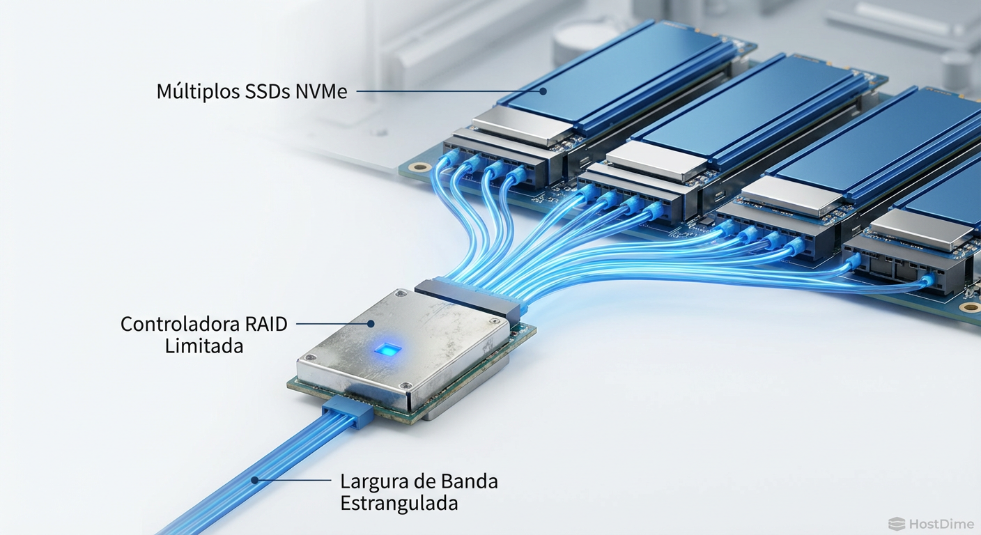 O efeito funil: Múltiplos SSDs NVMe de alta velocidade sendo estrangulados pela largura de banda limitada de uma única controladora RAID física.