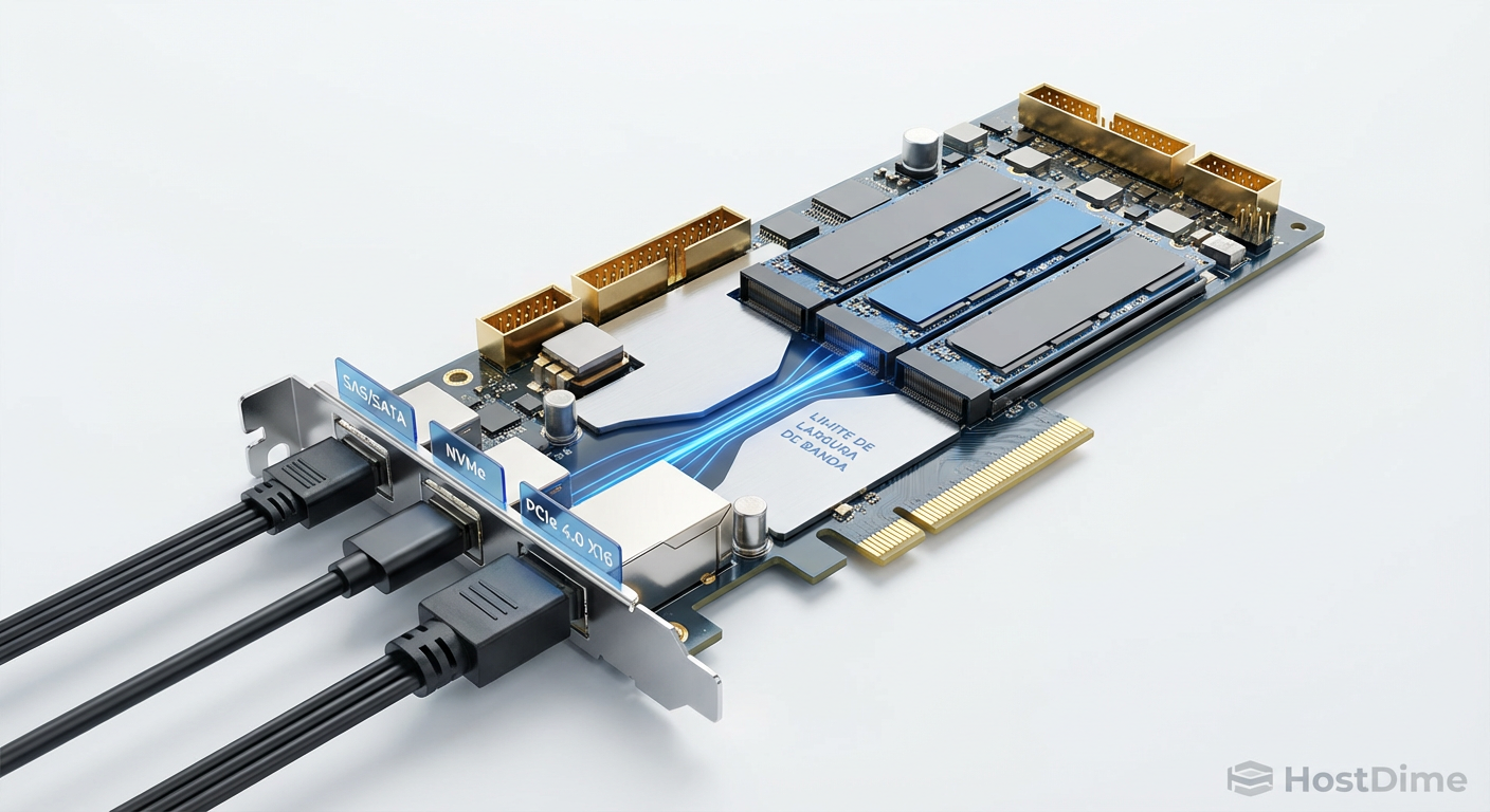 Uma controladora Tri-mode moderna: flexibilidade de conexões, mas ainda sujeita aos limites de largura de banda do slot PCIe principal.
