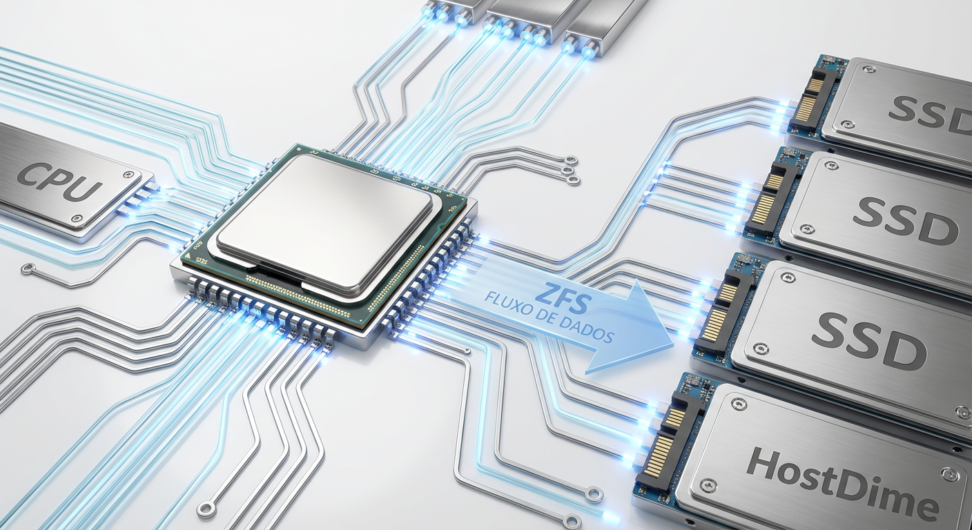Visualização do fluxo de dados no Software RAID: O sistema de arquivos (como ZFS) gerencia a integridade e distribuição dos blocos diretamente entre a CPU e os SSDs.