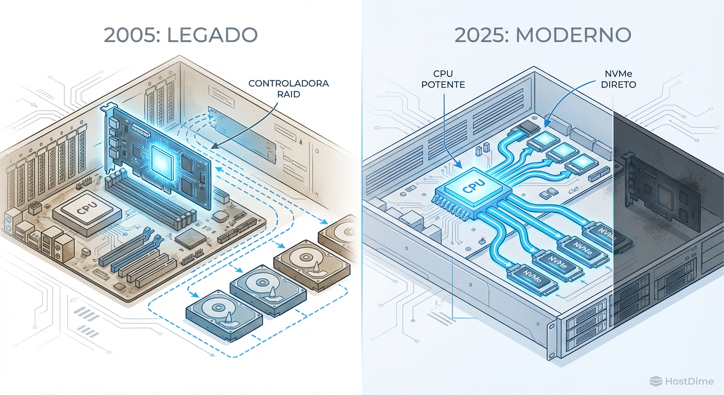 Evolução da arquitetura: do domínio da controladora dedicada à era do processamento centralizado na CPU.