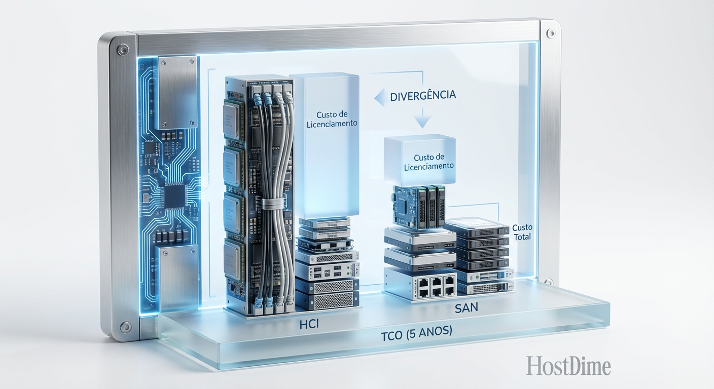 Análise de TCO em 5 anos: O custo de licenciamento por núcleo (parte escura das barras) torna a escala da HCI financeiramente inviável para grandes volumes de dados.