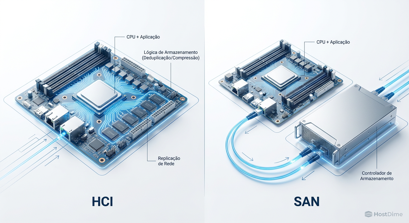Comparativo de Caminho de I/O: Note como a HCI (esquerda) compete por ciclos de CPU do host, enquanto a SAN (direita) isola a carga de trabalho de armazenamento.