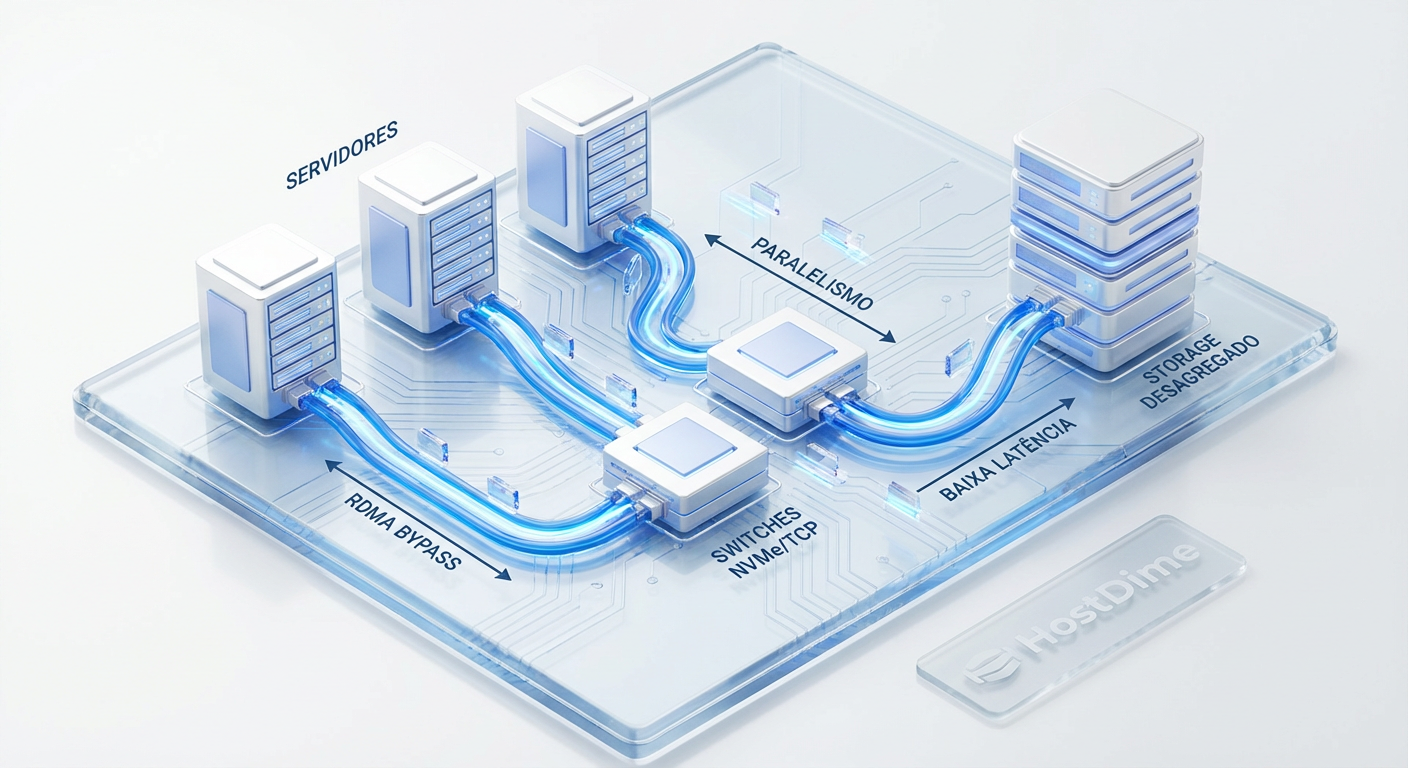 Topologia NVMe-oF: O uso de RDMA e paralelismo massivo permite que o armazenamento externo tenha performance de armazenamento local.