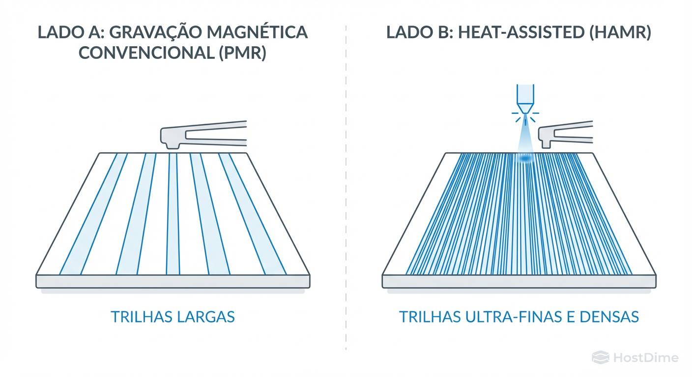 Fig 1. A física do HAMR: Usando calor para quebrar o limite de densidade magnética.